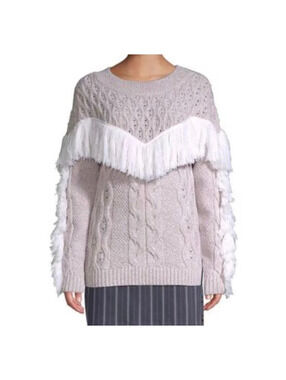 Amur Ulla Women's Size Large White Fringe Tan Cable Knit Wool Sweater q8r